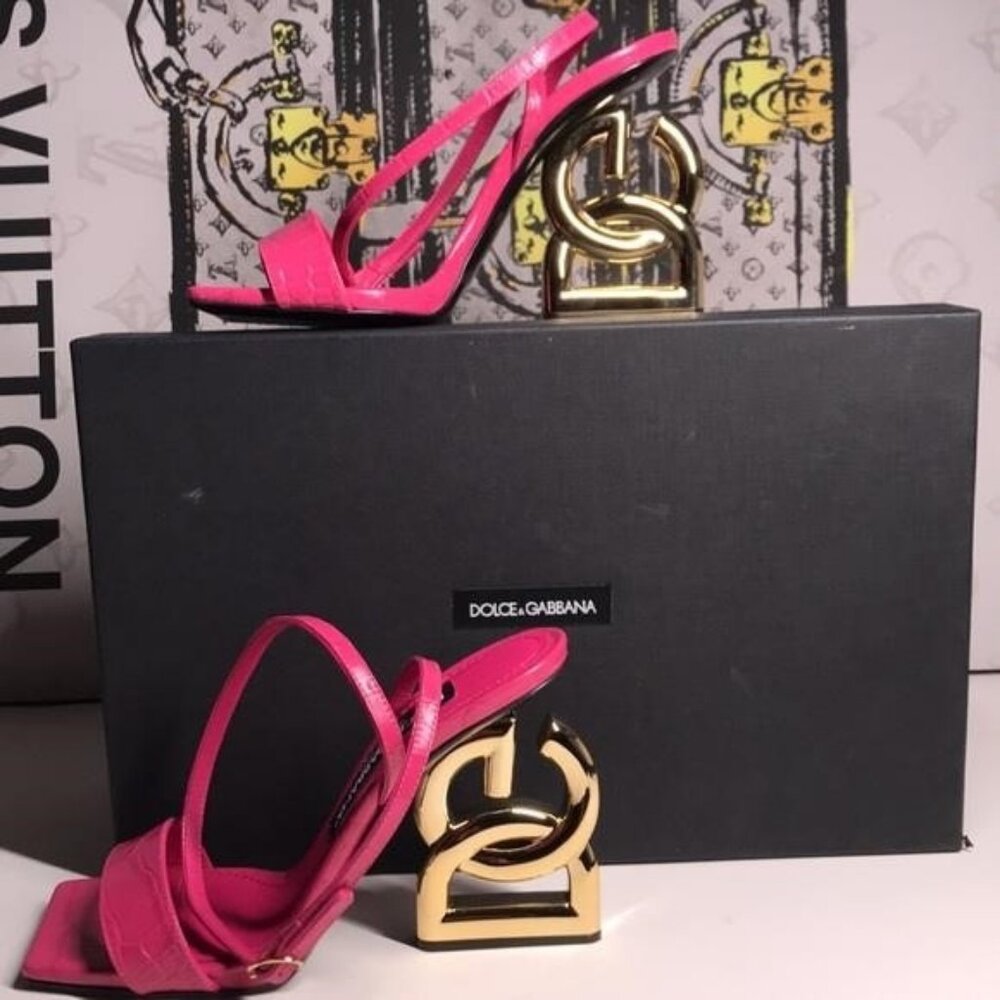 New Authentic Dolce & Gabbana Calfskin Heel Sandals – Embossed DG, Pink Gold